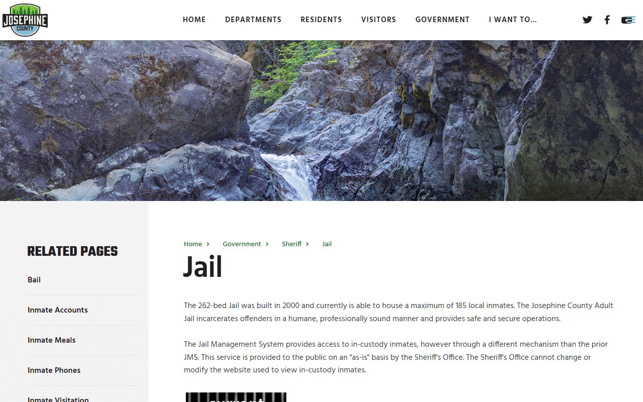 Josephine County Adult Jail page with inmate population and capacity details
